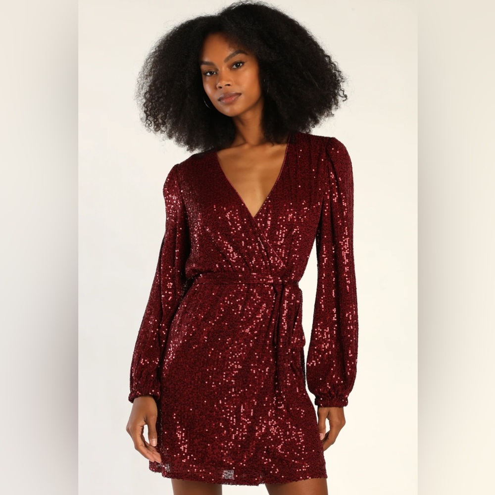 NWT Lulus Sparkly Darling Burgundy Sequin Long Sleeve Wrap Mini Dress